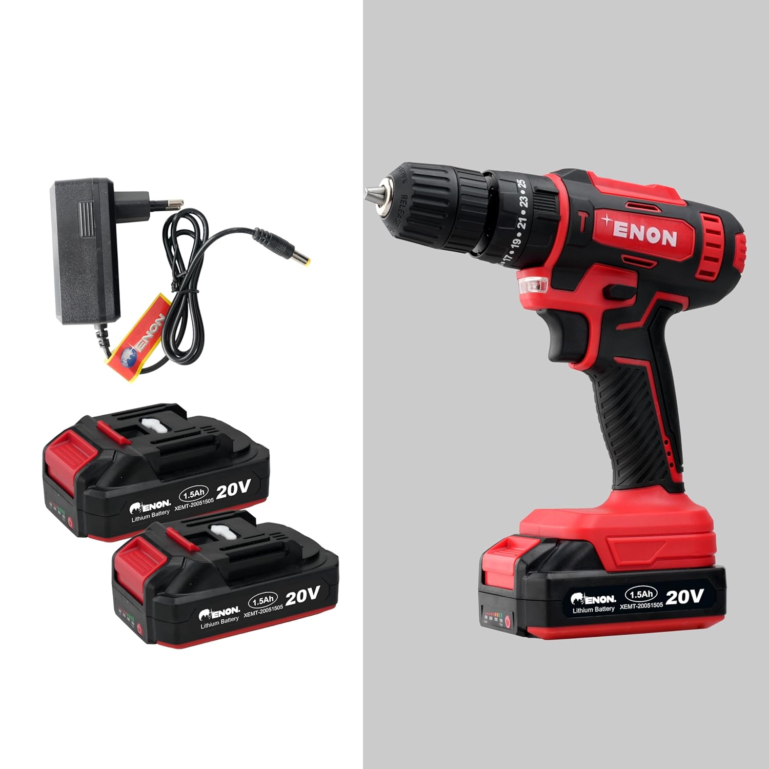 Enon Cordless Impact Drill for Home Use, 20V, 1500Rpm, Keyless Chuck 10mm, 25 Level Torque, F/R Trigger, 2 Modes, 2X1.5Ah Batteries, Drill Kit for Wood, Metal, Concrete - 6 Month Warranty (XE-CD2011) Enon Cordless Impact Drill for Home Use, 20V, 1500Rpm, Keyless Chuck 10mm, 25 Level Torque, F/R Trigger, 2 Modes, 2X1.5Ah Batteries, Drill Kit for Wood, Metal, Concrete - 6 Month Warranty (XE-CD2011)